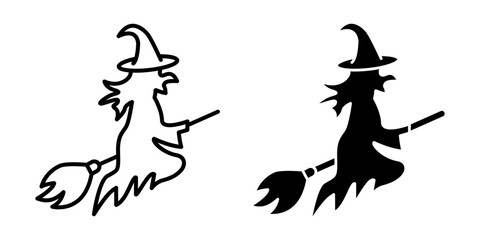 Witch flying on a broom icon. Halloween witch with broom vector illustration. Sorceress silhouette. Female magician carnival costume. Enchantress broomstick and hat symbol. Witchcraft wizard character