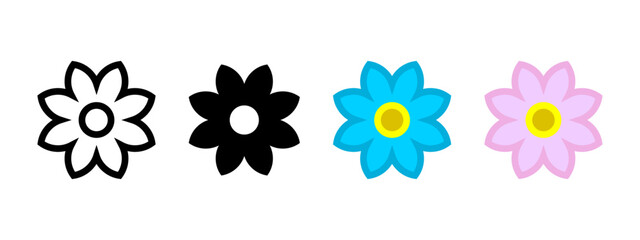 Flower blossom icon. Violet bloom symbol. Wildflower vector illustration. Blue boy and pink girl flower sign. Floral garden pictogram. Simple colored outline flower collection. Blossom bud isolated.