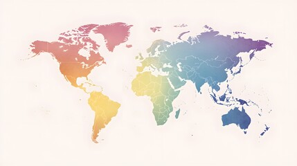 Minimalist world map with smooth, gradient colors transitioning from blue to red, representing continents and regions on a simple white background