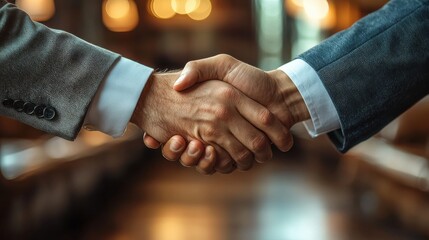Two business professionals shake hands in a well-lit office, signifying a successful partnership during a formal meeting