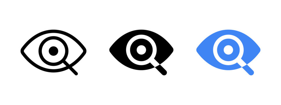 Preview icon. Search tool button. Discover more symbol. Eye and magnifying glass vector illustration. Eyesight concept. Ophthalmologist logo. Analytics or analysis icon. Enlarge or zoom button.