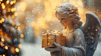Little angel with christmas presents in her hands, christmas lights and snowfall in the background, big editable space