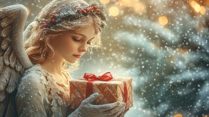 Little angel with christmas presents in her hands, christmas lights and snowfall in the background, big editable space
