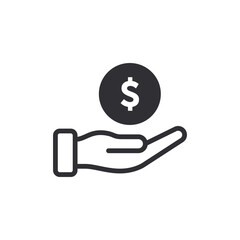 Donation icon. Human hand palm up. Begging hand. Logo template. Receiving. Asking for help. Financial aid. Coin icon. Dollar sign. Currency exchange. Pay icon. Cash back. Investment. Financial savings