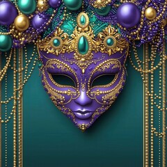 Naklejka premium Mardi Gras-themed illustration, background, digital backdrop with beads and masks, in shades of purple, green, teal, and gold