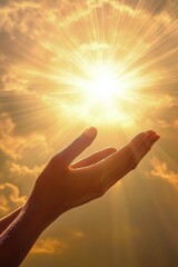 Hands reaching towards the sun at sunset, symbolizing hope and new beginnings in the sky