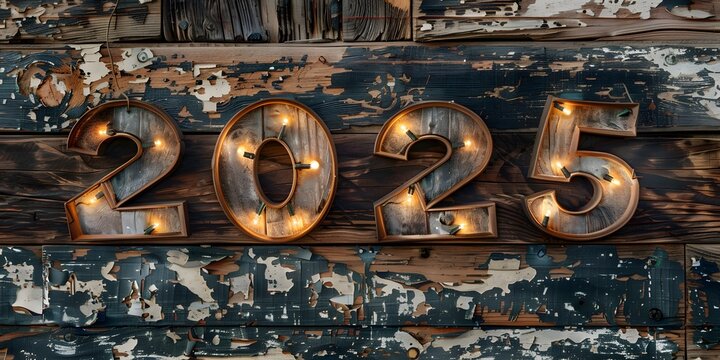 Weathered wooden 2025 text on an old, cracked wooden background with glowing lights for a rustic and vintage vibe
