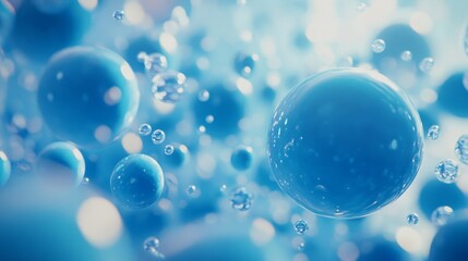 Spheres or balls merge like liquid wax drops or metaballs in-air. Liquid gradient of blue colors on beautiful drops with glow, scattering light inside. 