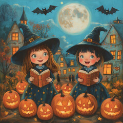 A whimsical Halloween scene featuring two smiling children dressed as witches holding books. They stand surrounded by glowing jack-o'-lanterns, with a full moon and bats flying over a quaint village.