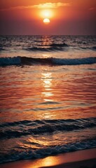 Naklejka premium The warm glow of the setting sun casts golden hues over the tranquil waves of the ocean, creating a serene atmosphere by the shoreline during dusk. Sunset or sunrise at sea. Romantic landscape. AI