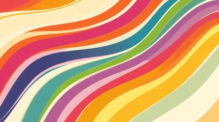 Abstract colorful 70s background vector. Vintage retro wallpaper with rainbow stripes and wavy lines. A 1970 color illustration suitable for posters, banners, decorative items, and wall art. 