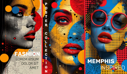 Vibrant Memphis-Inspired Poster Collection of Women with Psychedelic Patterns, Geometric Shapes, and Fashion Elements