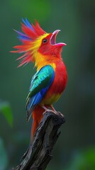 Fototapeta premium Gallo Colorido Cantando al Amanecer en un Campo Rural Gallo de plumaje colorido con la cresta roja vibrante, cantando sobre una valla de madera en un campo rural.