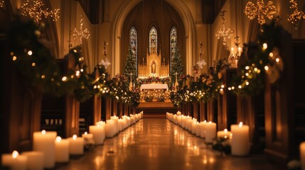 The chapel is aglow with candlelight as congregants gather for the Christmas Eve midnight mass, surrounded by festive decorations and a tranquil atmosphere