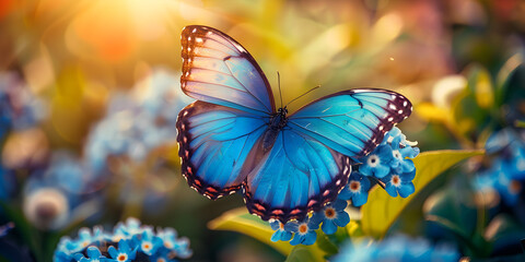 Delicate blue beautiful butterfly fluttering in the sunset Butterflies dragonflies and delicate insects dance in a garden .