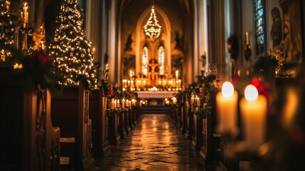 The church is warmly lit with candles and adorned with Christmas decorations, while the congregation quietly participates in a midnight mass on Christmas Eve, creating a cozy, reflective atmosphere