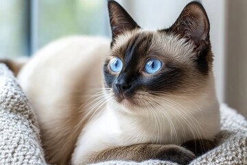 Gato siamés de ojos azules descansando en una silla de mimbre junto a una ventana. La luz natural resalta su pelaje y postura relajada