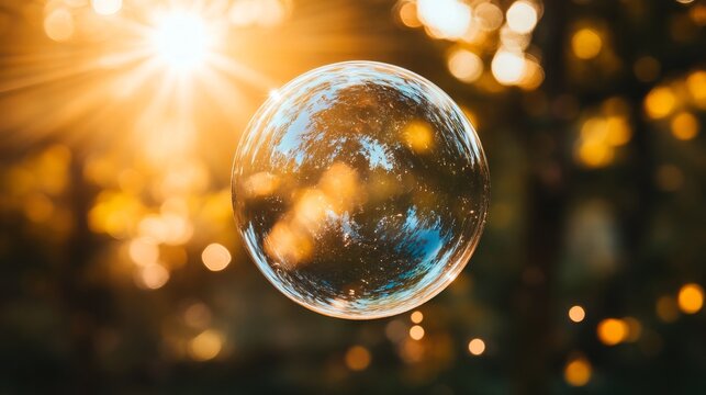 A circular bubble floats upward, catching the sunlight. 