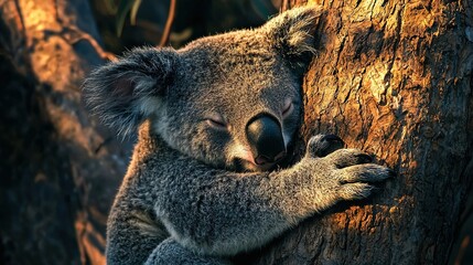 Naklejka premium A close-up of a koala resting on a tree branch, with its eyes closed