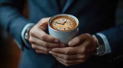 Man holding a coffee cup resembling a clock, showcasing the importance of time and productivity in a modern office setting
