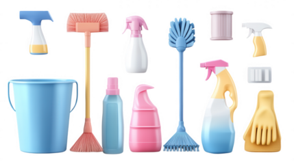 Cleaning Supplies Collection isolated on Transparent Background PNG