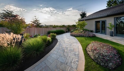 Obraz premium Aerial view of a beautiful stamped concrete patio with flagstone design beside lush garden and greenery. Generative AI