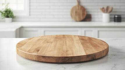 Empty beautiful round wood tabletop counter on interior in clean and bright kitchen background. Ready for display, Banner, for product montage. 
