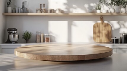 Empty beautiful round wood tabletop counter on interior in clean and bright kitchen background. Ready for display, Banner, for product montage. 