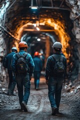 Grupo de ingenieros con cascos equipados con linternas, inspeccionando una galería subterránea de una mina. La escena muestra las paredes de roca iluminadas, rieles metálicos y polvo flotando en el ai