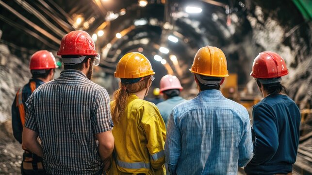 Grupo de ingenieros con cascos equipados con linternas, inspeccionando una galer&iacute;a subterr&aacute;nea de una mina. La escena muestra las paredes de roca iluminadas, rieles met&aacute;licos y polvo flotando en el ai