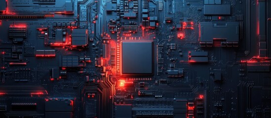 Fototapeta premium Abstract Circuit Board with Red Glowing Lines and a Square Processor