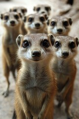 Grupo de suricatas en posición alerta, vigilando su entorno en la sabana africana. La imagen destaca su estructura social y detalles de su pelaje, con el fondo arenoso que contrasta con el brillo de s