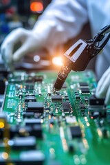 Grupo de técnicos en batas blancas y gorras antiestáticas ensamblando componentes electrónicos en una línea de producción. La imagen resalta la precisión del trabajo con circuitos y brazos robóticos e