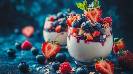 Greek yogurt parfaits with fresh berries, blueberries, and strawberries. tone and focused attention