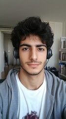 Hombre Joven Realizando una Videollamada desde su Oficina en Casa Un hombre joven con auriculares