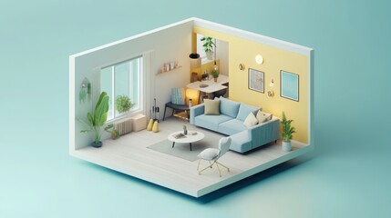 Isometric view living room open inside interior architecture, 3D rendering digital art.