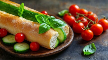 Fresh cucumbers and cherry tomatoes on rustic wooden board with green herbs in sunlight