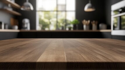 Kitchen wood tabletop for product display with blurred modern interior. Wooden tabletop over defocused kitchen background. Kitchen furniture and desk space. Product promotion in the kitchen. 