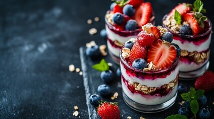 Greek yogurt parfaits with fresh berries, blueberries, and strawberries. tone and focused attention