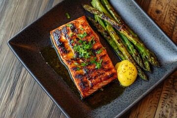 Grilled salmon fillet with asparagus and a side of lemon butter sauce on a black plate.