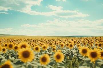 Obraz premium A vibrant field of sunflowers under a bright blue sky with fluffy clouds.
