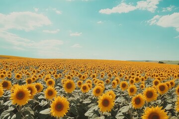 Obraz premium A vibrant field of sunflowers under a bright blue sky with fluffy clouds.