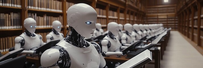projection screen in a library, a crowd of AI robots is looking 