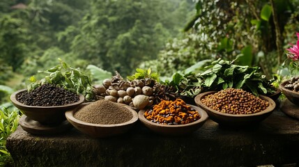 An assortment of traditionally used spices is displayed against a backdrop of verdant nature. 