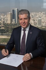 Hombre mayor, vestido formalmente, firmando un contrato en un despacho de lujo con una vista panorámica de la ciudad. La imagen evoca profesionalismo y éxito, ideal para temas de acuerdos empresariale