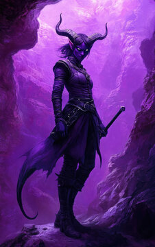 Mystical Dark Elf tiefling exploring a Vibrant Cave filled with stunning colors and shadows