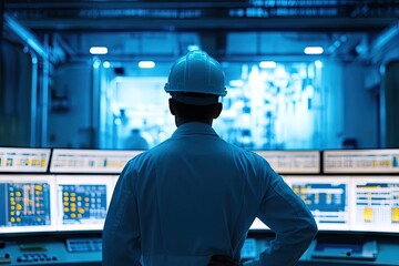 Ingeniero concentrado en una sala de control de una planta nuclear, rodeado de múltiples monitores que muestran datos críticos y gráficos. La imagen resalta la tecnología avanzada, con luces LED y pan