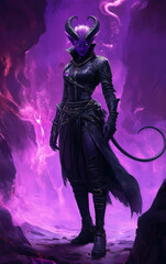 Obraz premium Mystical Dark Elf tiefling exploring a Vibrant Cave filled with stunning colors and shadows