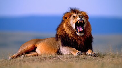 León macho rugiendo con su melena ondeando en la sabana, destacando su fuerza y ​​majestuosidad. La imagen captura los detalles de su pelaje y expresión de liderazgo, con un cielo despejado que sugier