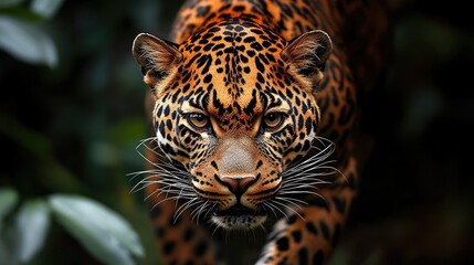 Obraz premium Leopardo Acechando en la Hierba Alta con Mirada Concentrada Leopardo acechando entre la hierba alta, con la mirada fija en su presa